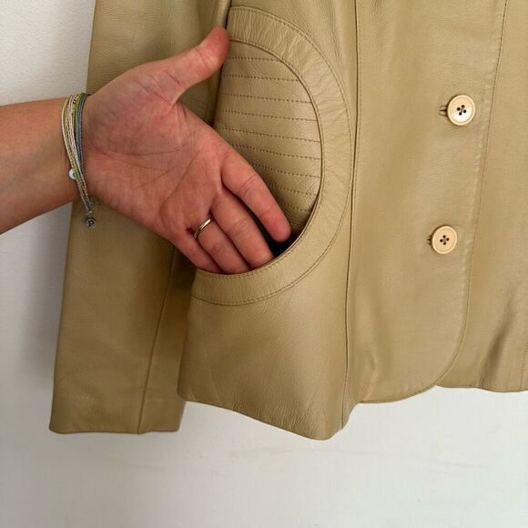 Vakko VS2 Women’s Vintage Cream Tan Lamb Leather 3 button Moto Blazer Coat - Picture 9 of 12